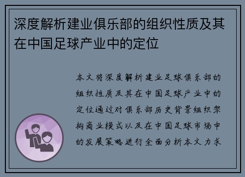深度解析建业俱乐部的组织性质及其在中国足球产业中的定位 深度解析建业俱乐部的组织性质及其在中国足球产业中的定位