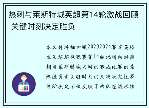 热刺与莱斯特城英超第14轮激战回顾 关键时刻决定胜负